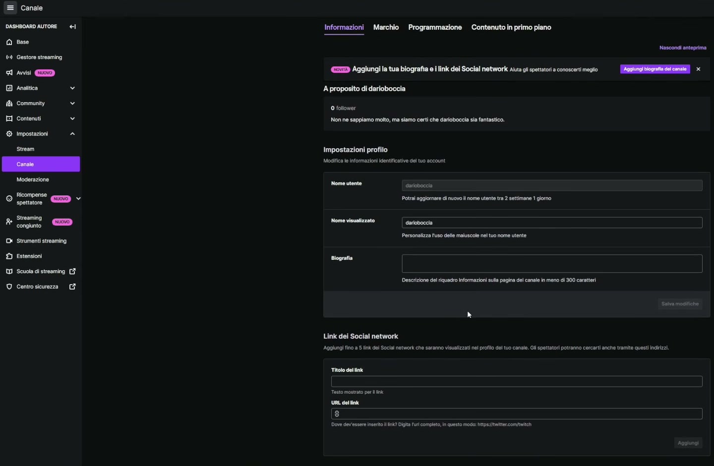 Informazioni del canale Twitch