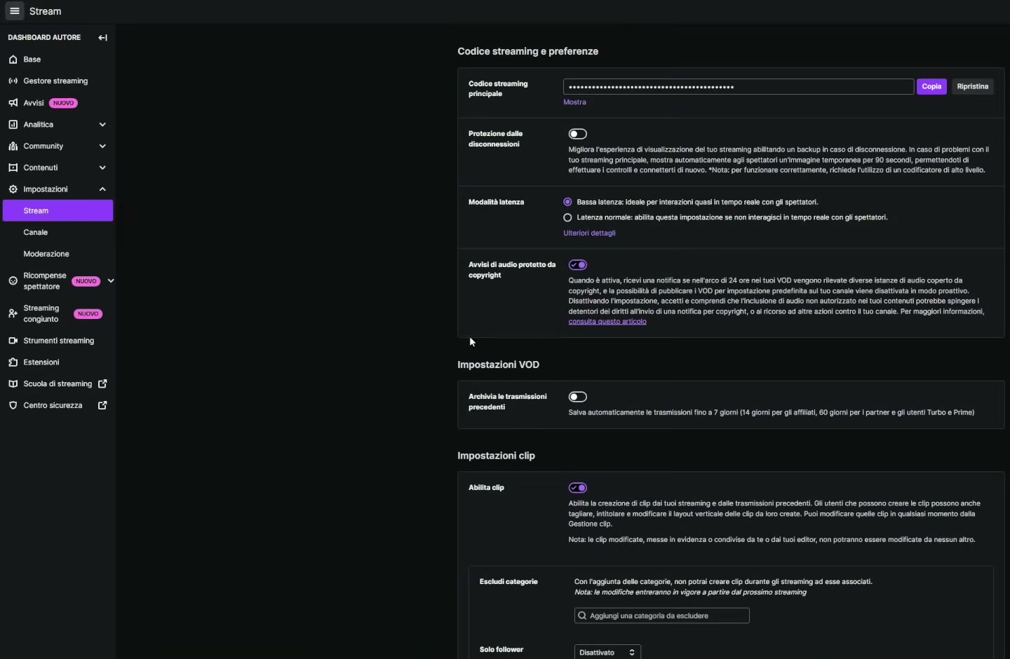 Dashboard Autore di Twitch, impostazioni Stream