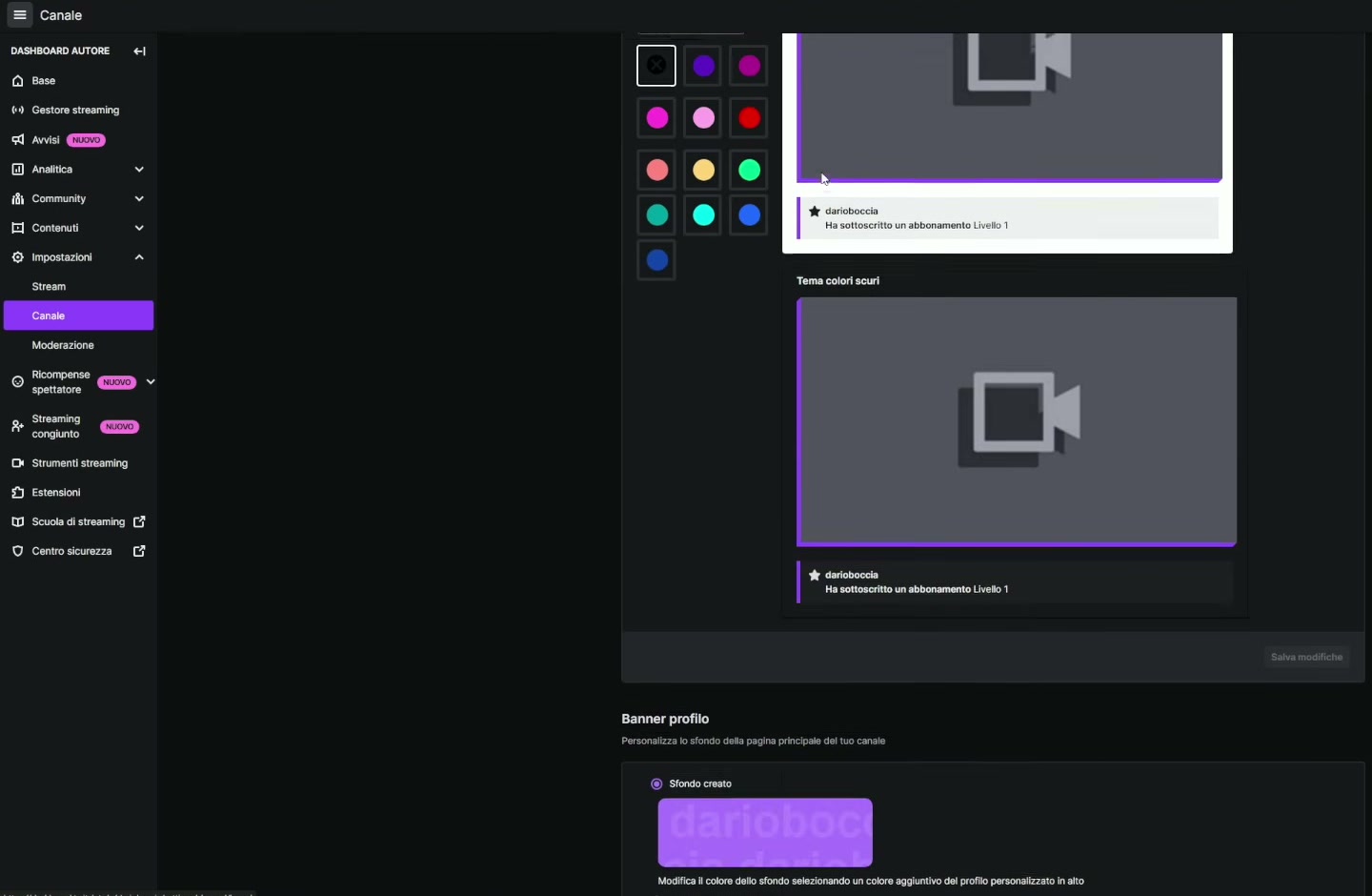 Marchio: colore e banner del canale Twitch