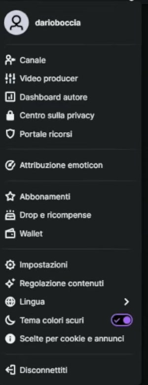 Menu profilo Twitch: Dashboard autore