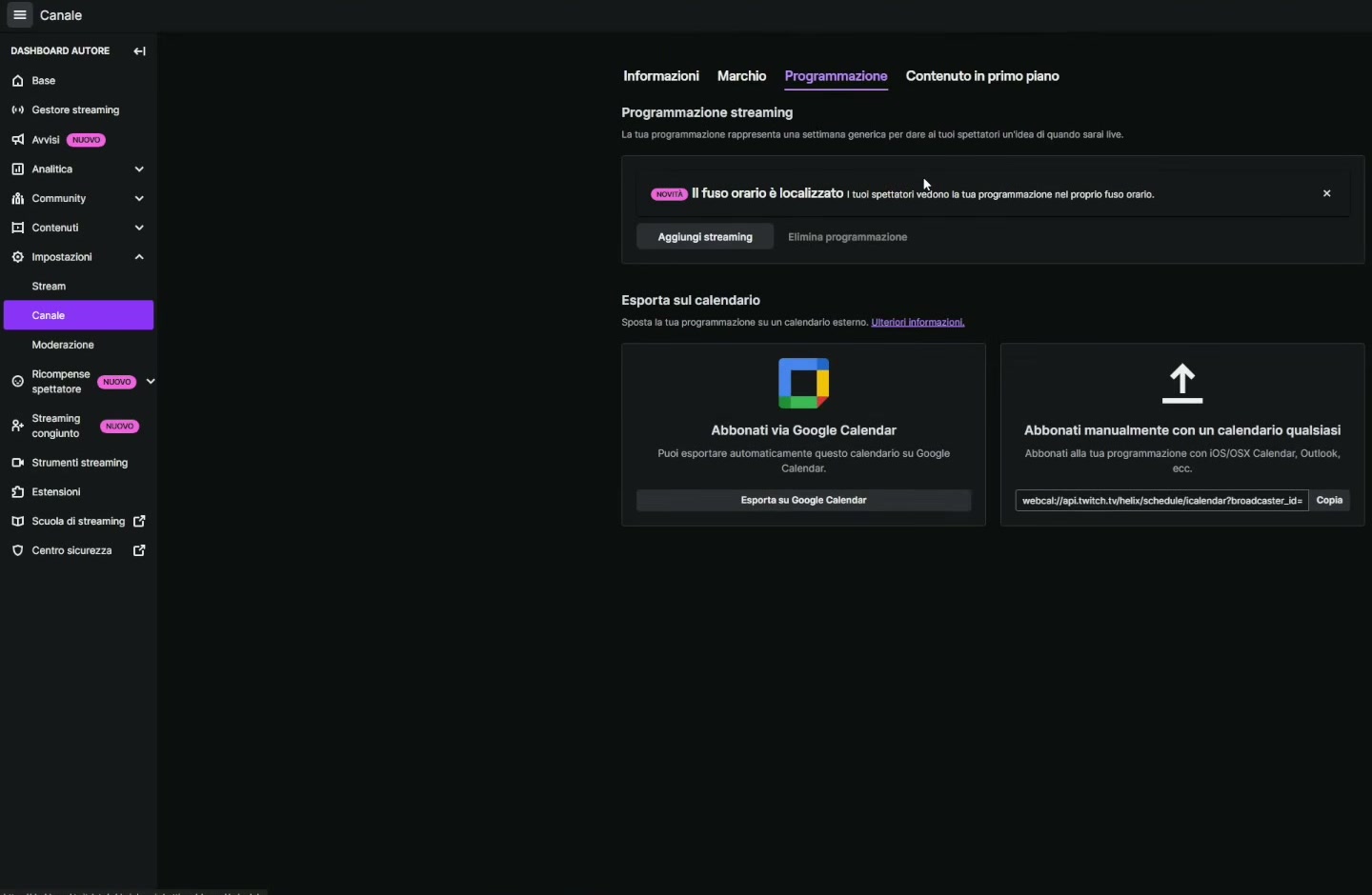 Programmazione streaming su Twitch